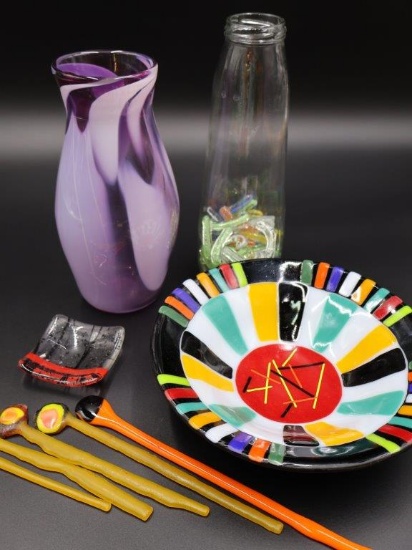 Neoec Art Glass Vase, signed Glass Trinket Dish