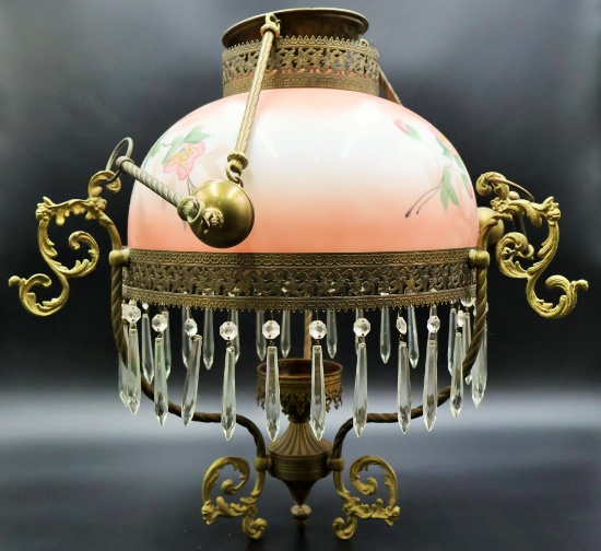 Antique Victorian Brass and Crystal Parlor Lamp