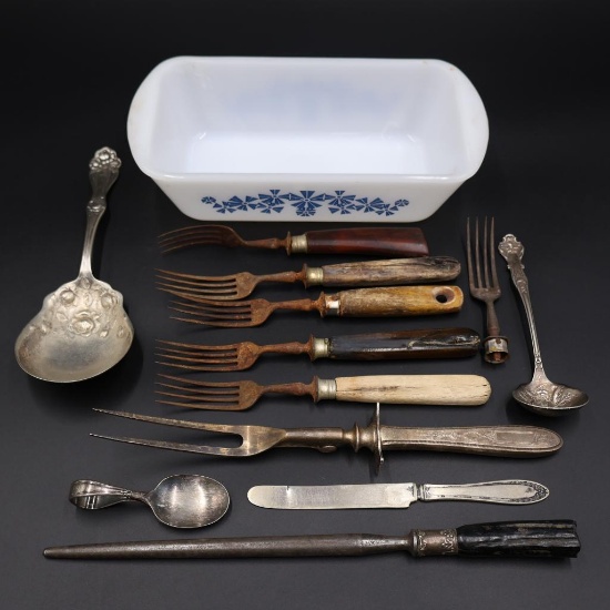 Glasbake "Blue Pinwheel" dish, Carving Fork n Stand