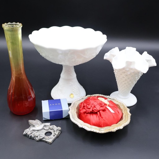 Hobnail Milk Glass Double Crimped Ruffle Top Vase