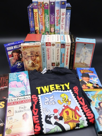 Large Collection of Vintage VHS tapes & Looney Tunes "Stamp Collection" and Shirt