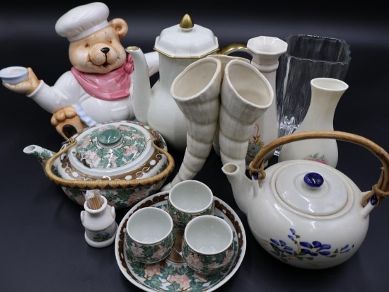 Fitz n Floyd Japan Etoile Blanche Coffee Pot, and Vases