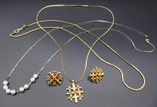Jerusalem Cross Set, Vintage 14KGP Gold Slanted Box style Chain, and Costume Pearl-Like Necklace