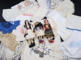Trio of Vintage Stockinette Dolls & Collection of Hankies, Doilies