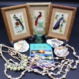 Trio of Framed Vintage Feather Art Pieces and Beach Decor