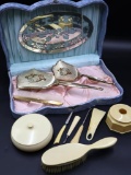Vintage Vanity Set in Fabric Covered Case & Celluloid Vanity Essentials