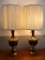 Pair of Vintage Ornate Brass Table Lamps with Fabric Shades