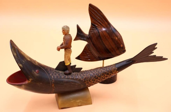 Vintage Hand Carved Buffalo Horn and Wooden Fish Decor