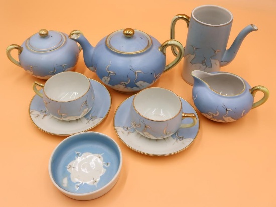 Hand Painted Nippon Antique Ceramic Tea Set Featuring White Cranes
