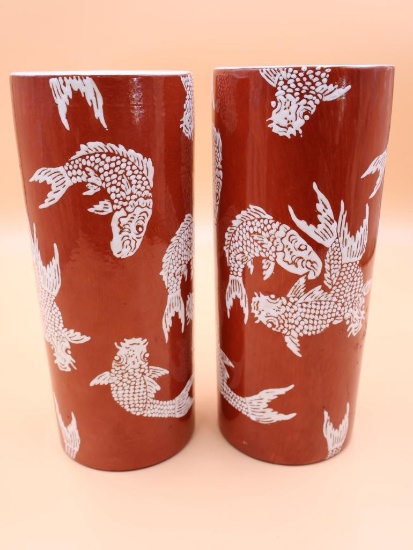 Pair of Japanese Ceramic Koi Vases