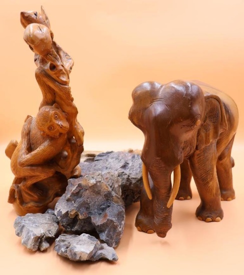 Pair of Carved Wood Animals Statues