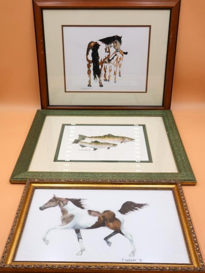 Three Framed Watercolors and Print