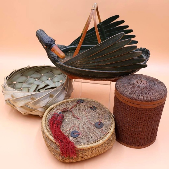 Vintage Painted Duck Basket and Antique Chinese Wicker Sewing Baskets