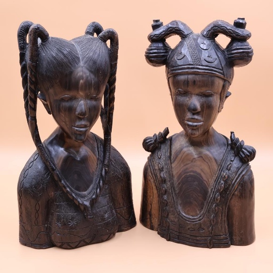 Vintage Large Wood Carved Wedding Couple Busts
