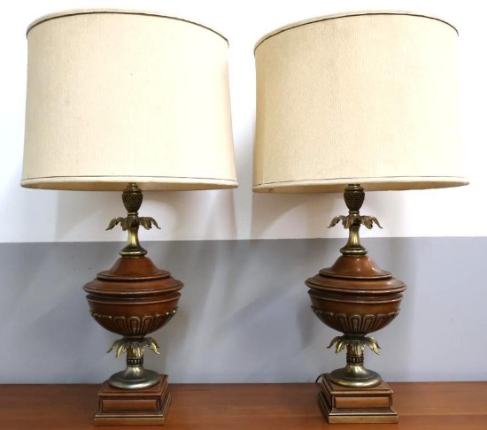 MCM Vintage Stiffel Pair of Wood and Brass Lamps