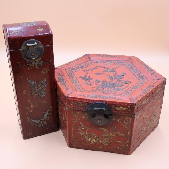 Two Ornate Antique Japanese Red Lacquerware Boxes