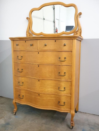 Antique Birdseye Maple Tallboy Dresser with Mirror