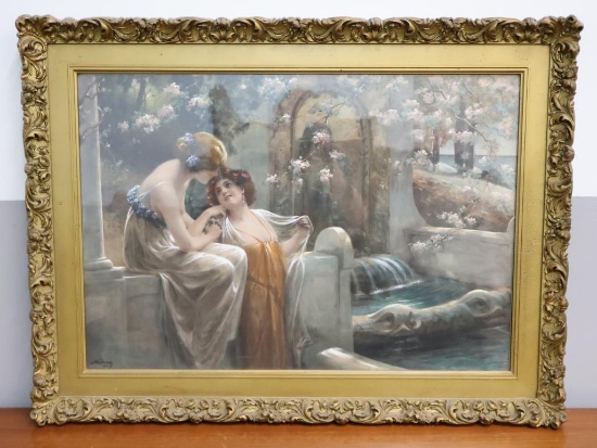 Antique 'At the Fountain' in Ornate Heavy Frame