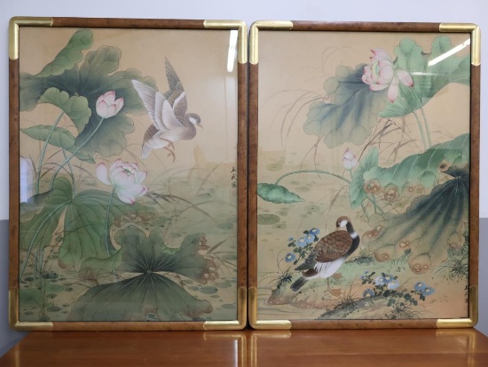 Pair of Large Framed Tempera on Silk Artworks