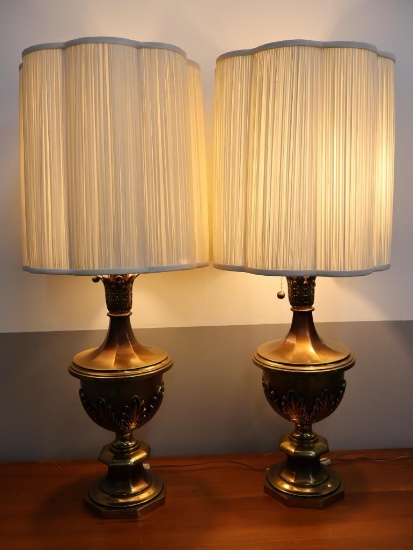 Pair of Vintage Ornate Brass Table Lamps with Fabric Shades
