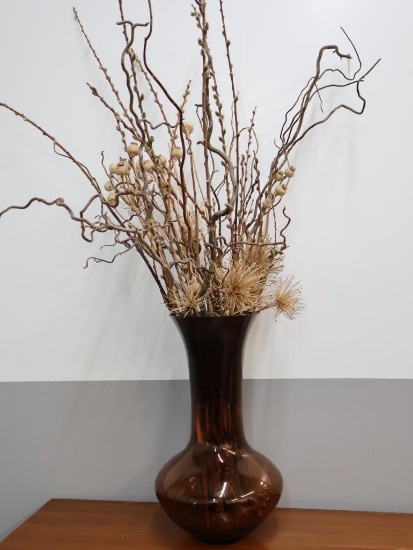 Vintage MCM Large Amber Glass Vase with Dried Pussywillow and More Accents