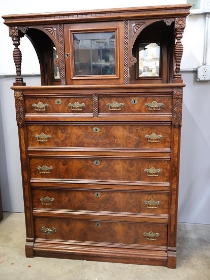 Antique Victorian Locking Chest of Drawers with Upper Glass Locking Cabinet