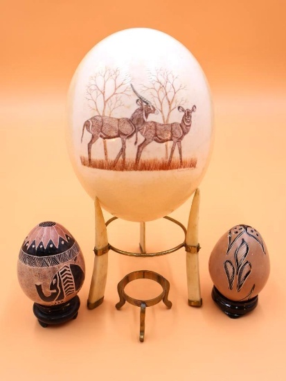 Hand Carved Ostrich Egg, Stone Eggs and Stands