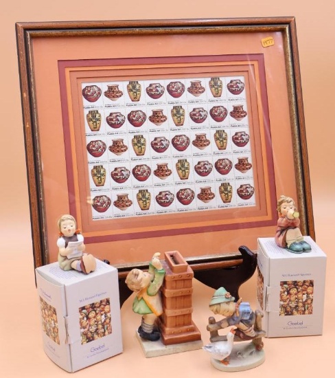 Framed Stamps and Hummel Statues with Boxes