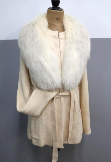 Vintage Fur Collar Knit Off White Sweater
