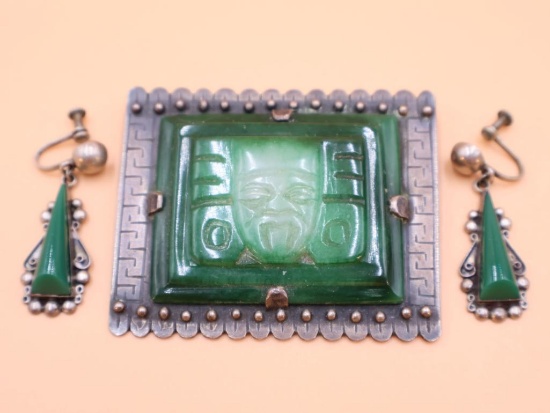 Vintage Sterling and Mexican Jade Brooch and Earrings