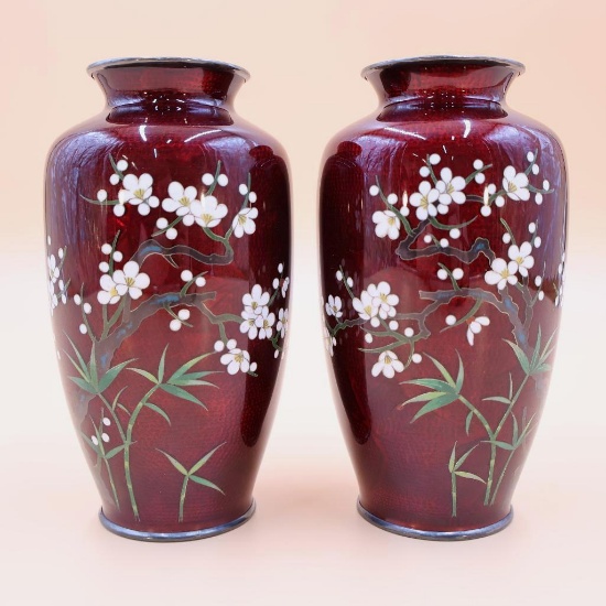 Pair of Vintage Japanese Pigeon Blood Silver Wire Cloisonne Vases