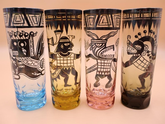 MCM Set of Four Vintage Aztec Design Water Glasses