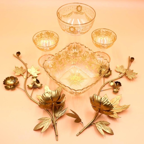 Gilded Floral Dishes and Metal Gold-Tone Flower Sconces