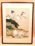 Chinese Watercolor on Silk Framed Pond Scene