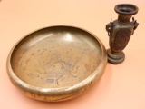 Vintage Brass Vase and Flat Bowl