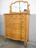Antique Birdseye Maple Tallboy Dresser with Mirror