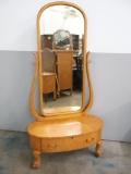 Antique Bird Eye Maple Cheval Dressing Mirror with One Drawers