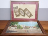 Vintage Town Painting and Framed Silks