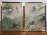 Pair of Large Framed Tempera on Silk Artworks