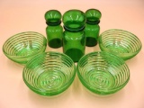 Vintage Green Belgian Apothecary Canisters and Vintage Mid Century Emerald Green Beehive Ribbed