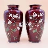 Pair of Vintage Japanese Pigeon Blood Silver Wire Cloisonne Vases