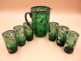 Emerald Green with Silver Overlay Pitcher and Tumblers