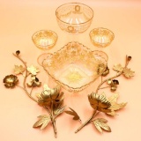 Gilded Floral Dishes and Metal Gold-Tone Flower Sconces