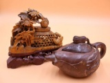 Antique Stone Carved Teapot and Hand Carved Soapstone