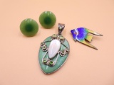 Sterling Enameled Fish Pin, Earrings and Pendant