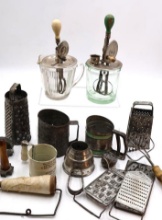 Vintage Kitchen Gadget Lot: Glass Jar Beaters, Sifters & Graters