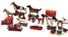 Vintage Wooden & Tin Pull Toys - Horses, Wagons & Fire Truck