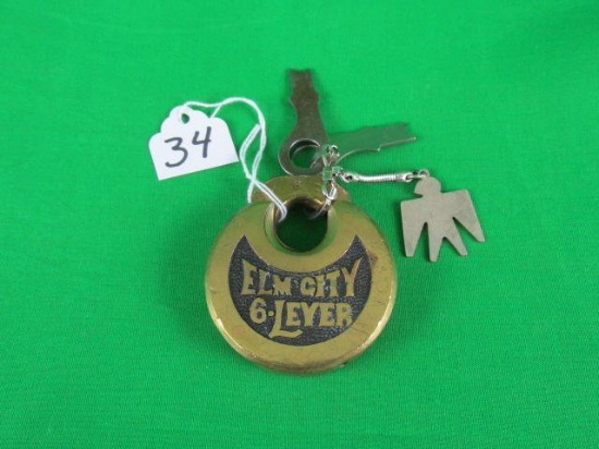 Vintage Elm City 6 * Lever #8 Padlock w/keys brass case