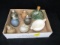 Box lot - (6) pottery jug candles, bottle, porcelain creamer