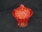 Carnival covered candy dish - cut glass reds/orange; 7